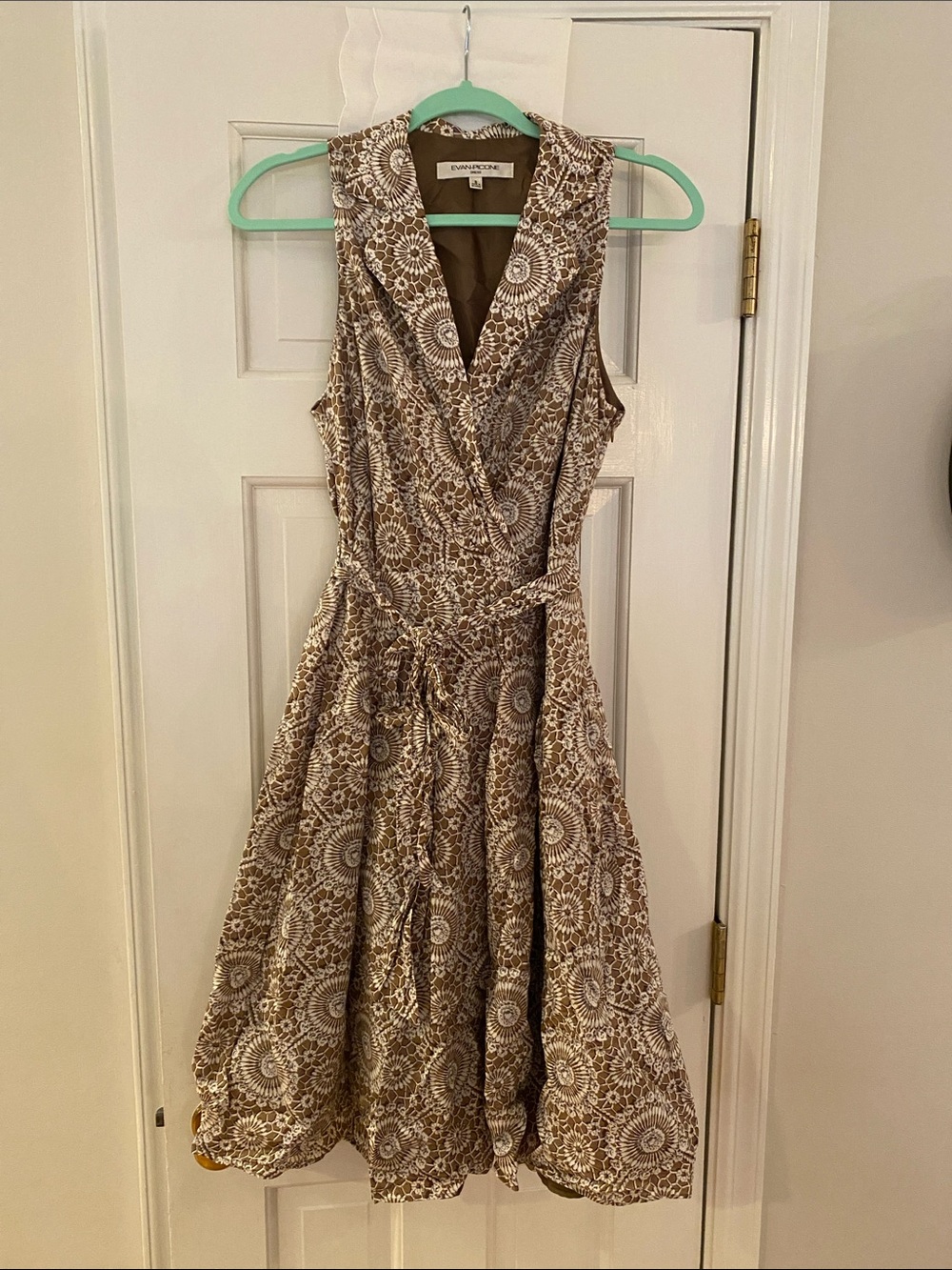 Evan Picone Brown & Cream Printed Sleeveless Wrap Midi Dress